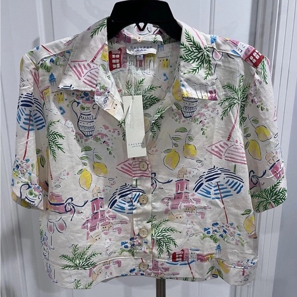 Calypso St Barth Boho Beach Resort Shirt Women’s Size M Linen Blend Summer Print - Picture 2 of 6